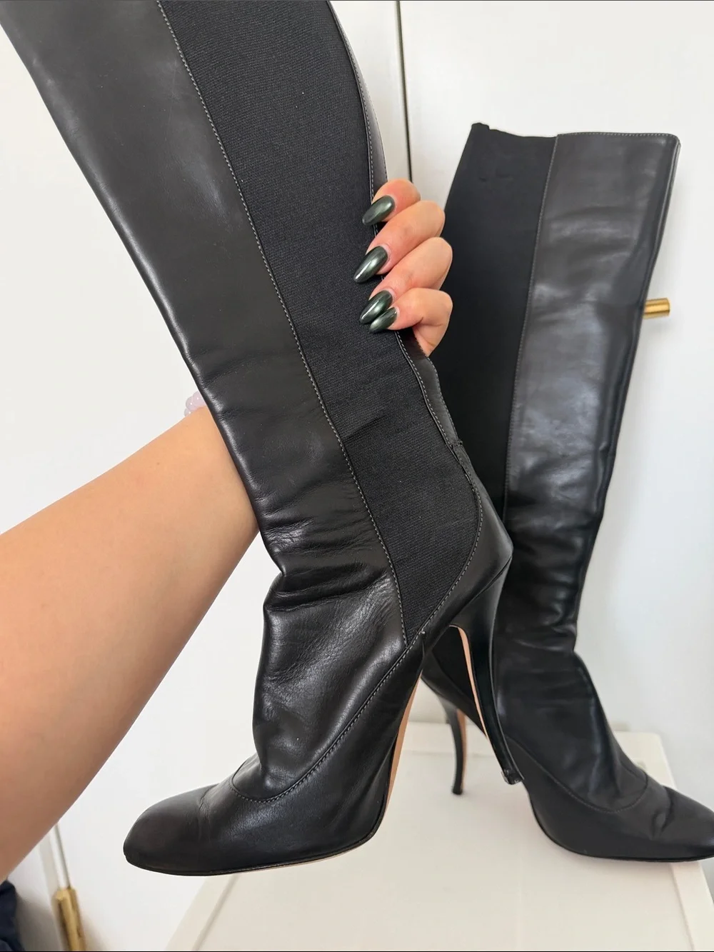 Manolo Tall Black Leather Stretch Knee Boots